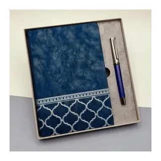 Kutulu Desenli Deri Defter Ve Metal Roller Kalem Set