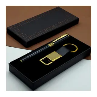 Hediyelik Siyah Kalem Ve Gold Deri Anahtarlık Kutulu Set