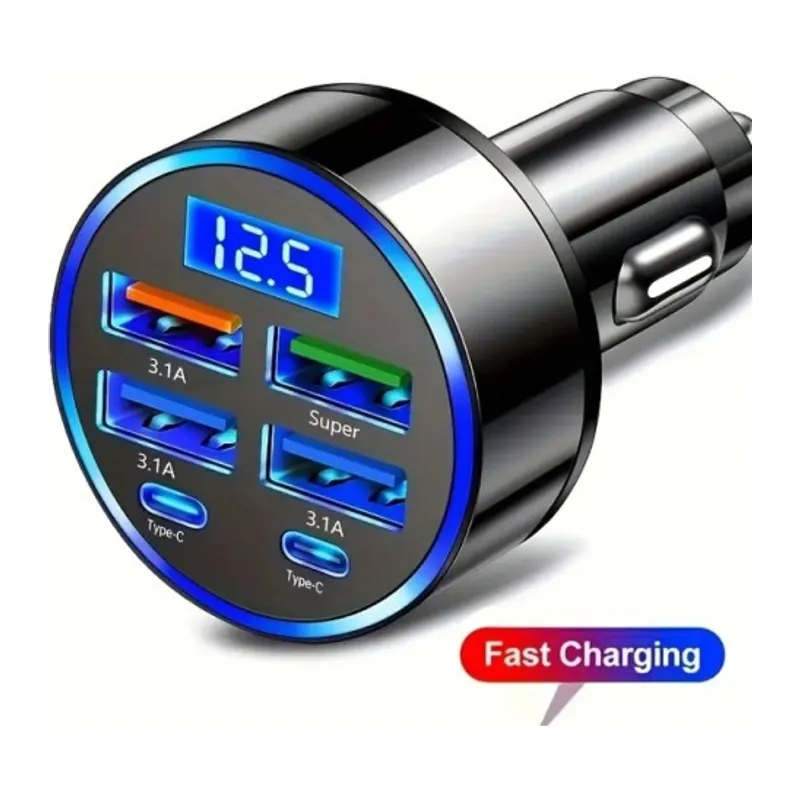 6 Portlu Hızlı Araç Şarj Cihazı – 4 USB + 2 Type-C Çıkışlı Dijital Göstergeli Oto Şarjı