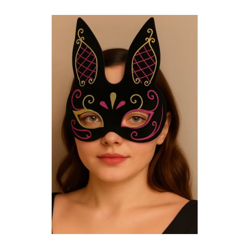 Siyah Renk Kırmızı Gold Simli Siyah Süet Kaplama Tavşan Maskesi 18x16 cm