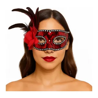 Kırmızı Renk Yandan Tüylü Güllü Gümüş Taşlı Pullu Maske 20x22 cm