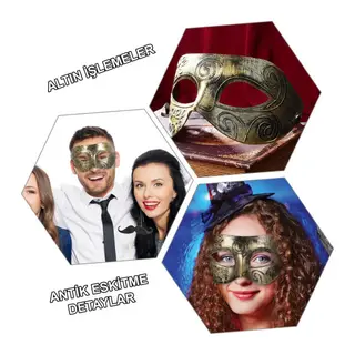 Altın Eskitme Yüz Maskesi - Antik Tarz Balo Maskesi
