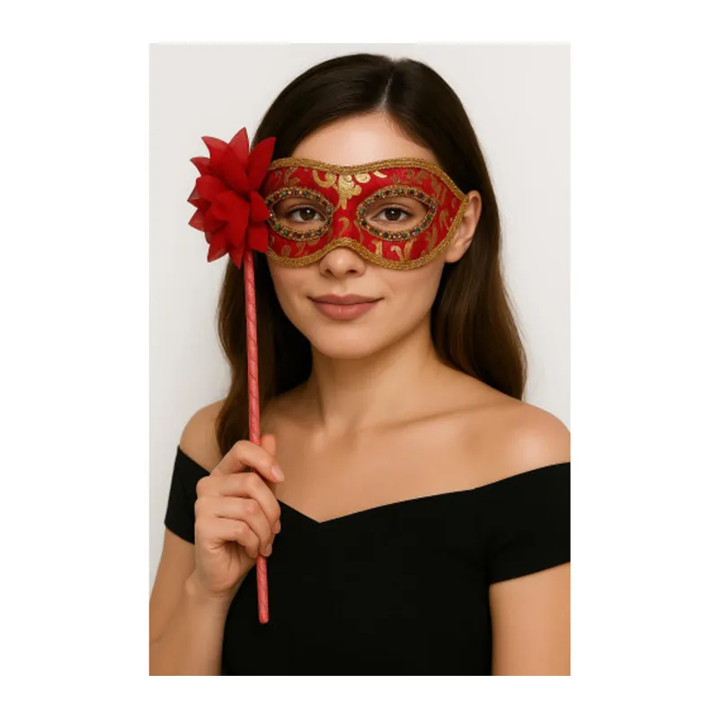 Lüks Taşlı Saplı Maskeli Balo Maskesi Kırmızı Renk 35 cm