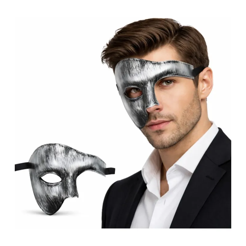 Antik Eskitme Gümüş Erkek Yarım Maske - Phantom & Balo Maskesi