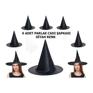 Siyah Renk Parlak Dralon Cadı Şapkası Yetişkin ve Çocuk Uyumlu 6 Adet