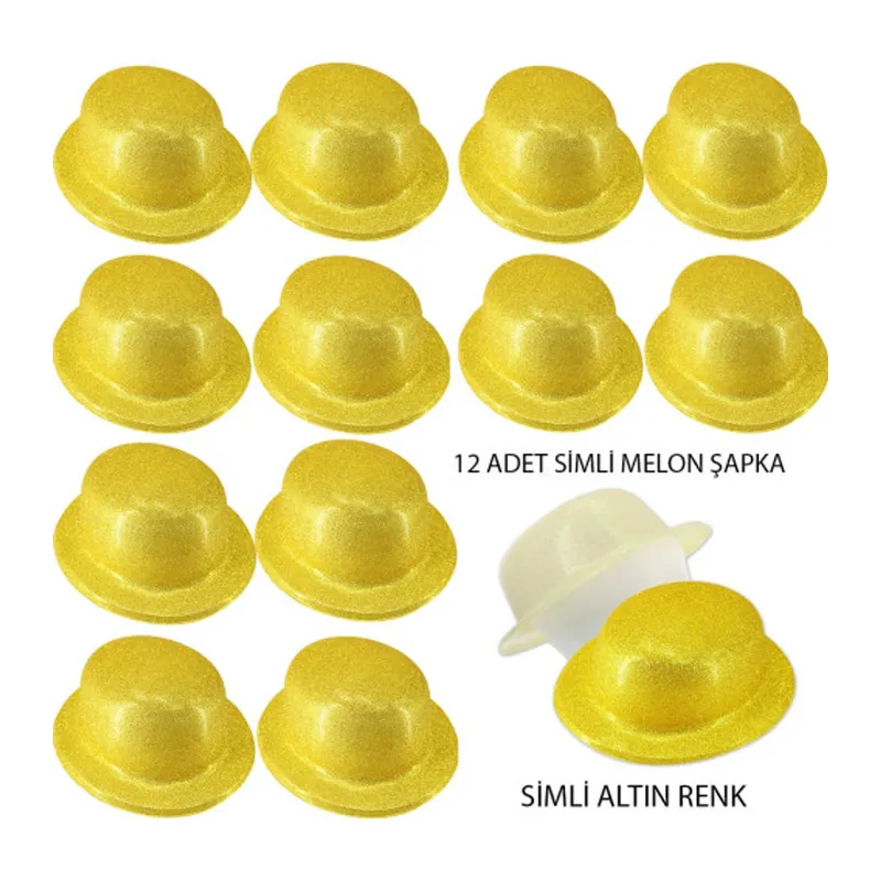 Altın Renk Simli Melon Yuvarlak Parti Şapkası 12 Adet