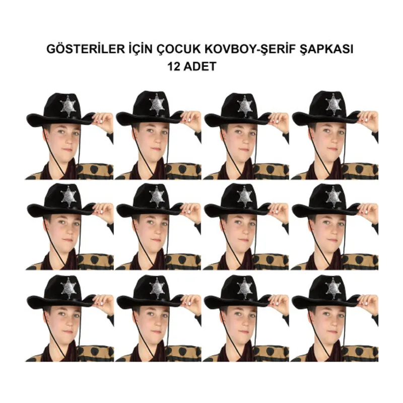Kovboy Şerif Şapkası Siyah 12 Adet - Kostüm, Parti ve Gösteri Şapkası