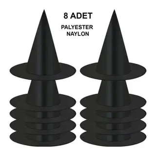 8 Adet Siyah Cadı Şapkası – Yetişkin & Çocuk Kostüm Aksesuarı