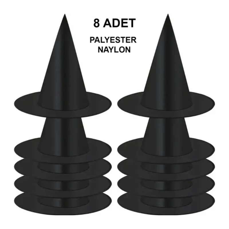 8 Adet Siyah Cadı Şapkası – Yetişkin & Çocuk Kostüm Aksesuarı