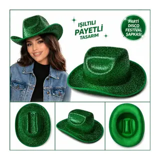 Parlak Yeşil Kovboy Şapka Kadın Erkek Parti Disco Festival Şapkası