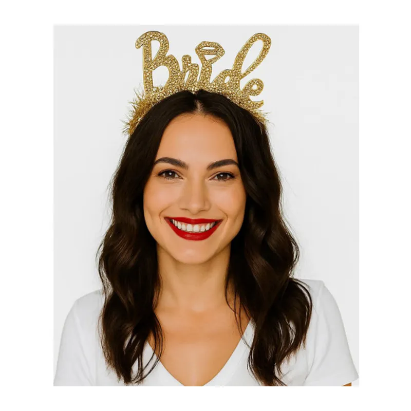 Altın Renk Bekarlığa Veda İtalik Yazı Alyanslı Bride Taç