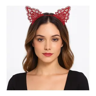 Dantelli Kırmızı Kedi Tacı - Vintage Tarz Dantel Kedi Kulak