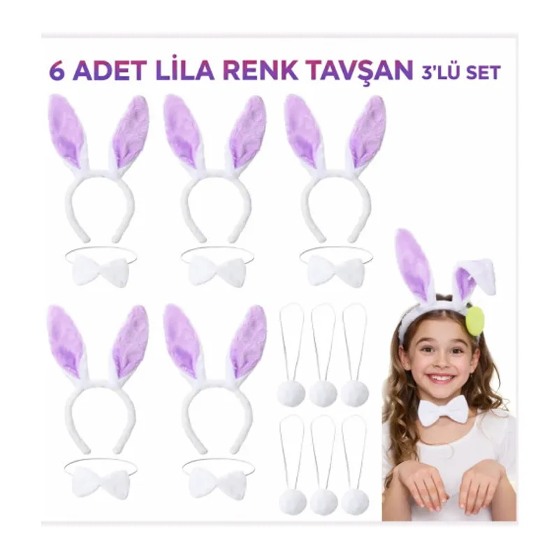 Lila Tavşan Sahne Seti 6'lı Set Taç Papyon Kuyruk
