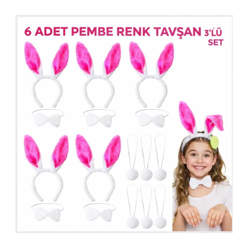 Şeker Pembesi Tavşan Sahne Seti 6'lı Set Taç Papyon Kuyruk