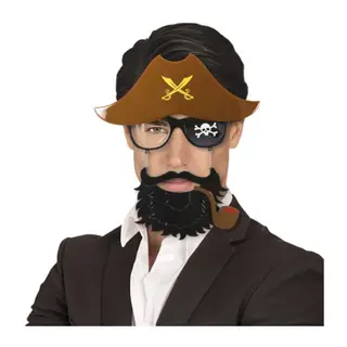 Kahve Renk Şapkalı Siyah Sakallı Pipolu Jack Sparrow Denizci Korsan Gözlüğü 24x25 cm