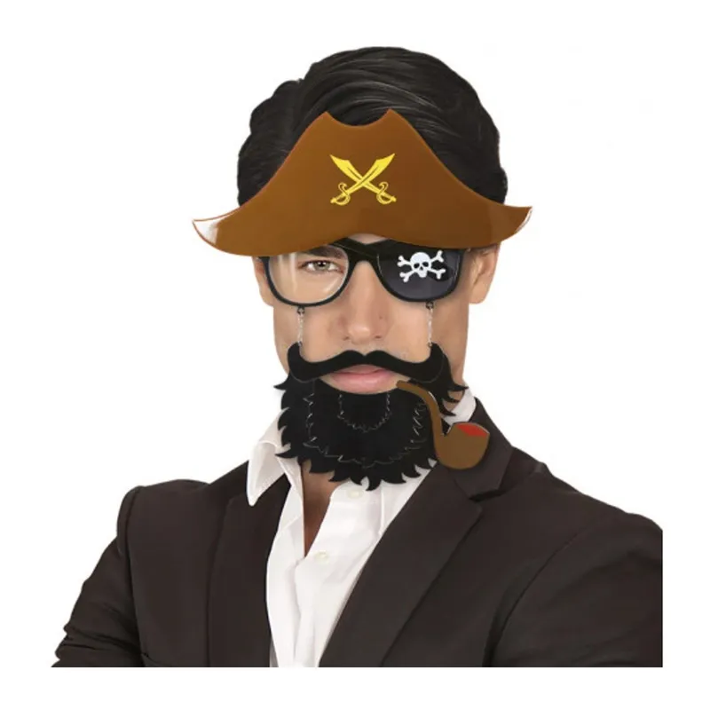 Kahve Renk Şapkalı Siyah Sakallı Pipolu Jack Sparrow Denizci Korsan Gözlüğü 24x25 cm