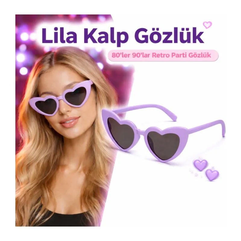 Mor Lila Retro Kalp Gözlük – 80’ler 90’lar Stil Parti Gözlüğü