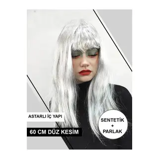 Platin Gri Gümüş Renk Uzun Parti Peruğu Uzun Takma Peruk