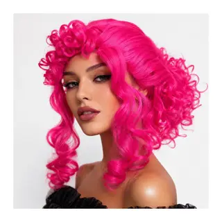 Neon Pembe Bukleli Kıvırcık Cosplay Peruğu - İçi Astarlı