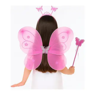 Pembe Kelebek Kız Seti – 50 cm Kelebek Kanadı, Taç ve Asa
