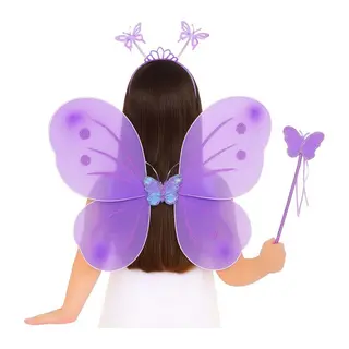 Lila Mor Kelebek Kız Seti – 50 cm Kelebek Kanadı, Taç ve Asa