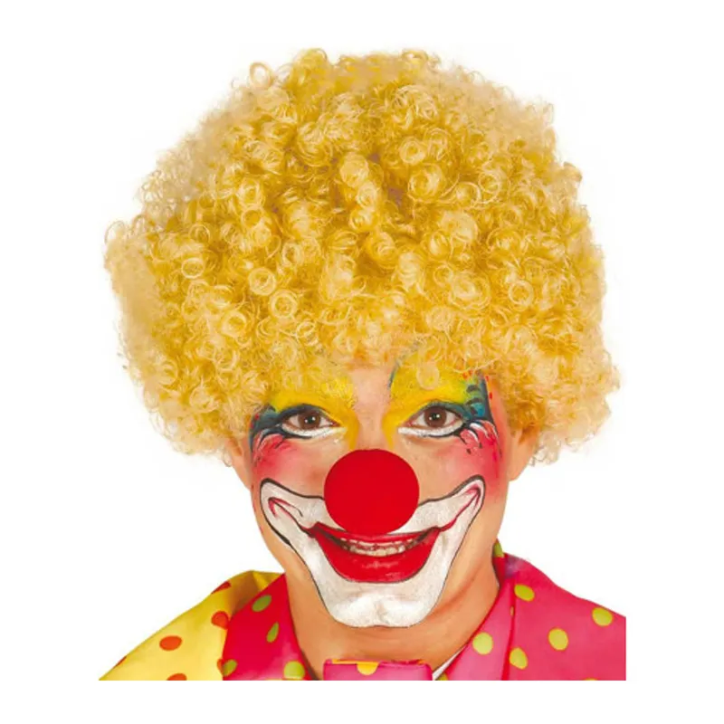 Sarı Renk Kıvırcık Afro Bonus Peruk Takma Saç ve Kırmızı Burun Seti