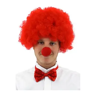 Kırmızı Renk Kıvırcık Afro Bonus Peruk Takma Saç ve Kırmızı Burun Seti