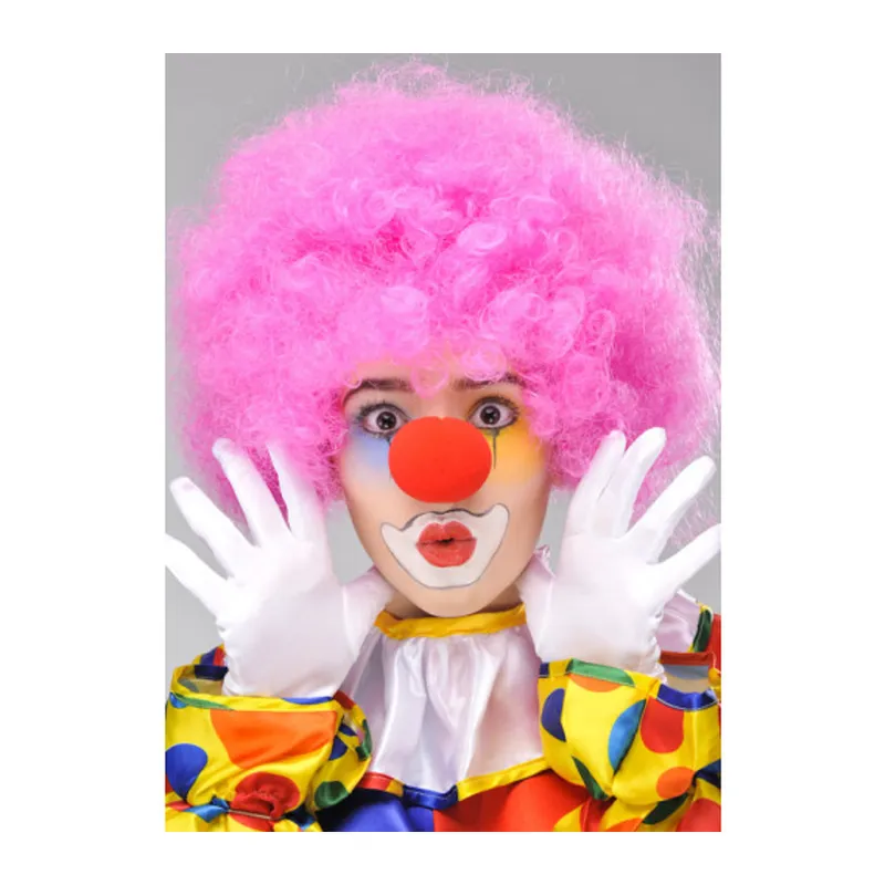Pembe Renk Kıvırcık Afro Bonus Peruk Takma Saç ve Kırmızı Burun Seti