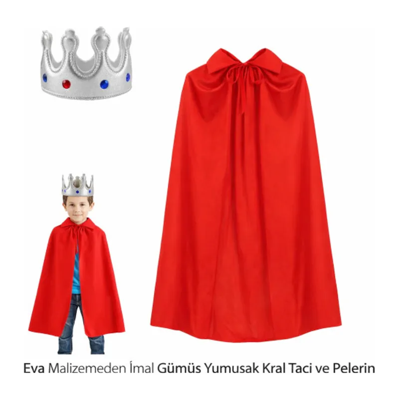 Eva Malzemeden Gümüş Yumuşak Kral Tacı ve Kırmızı Pelerin Seti