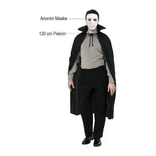 Siyah Renk Yakalı 120 cm Pelerin ve Beyaz Anonim Maske