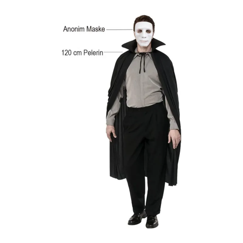 Siyah Renk Yakalı 120 cm Pelerin ve Beyaz Anonim Maske