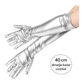 Gümüş Renk Dirsek Altı Lüks Saten Eldiven 40 cm