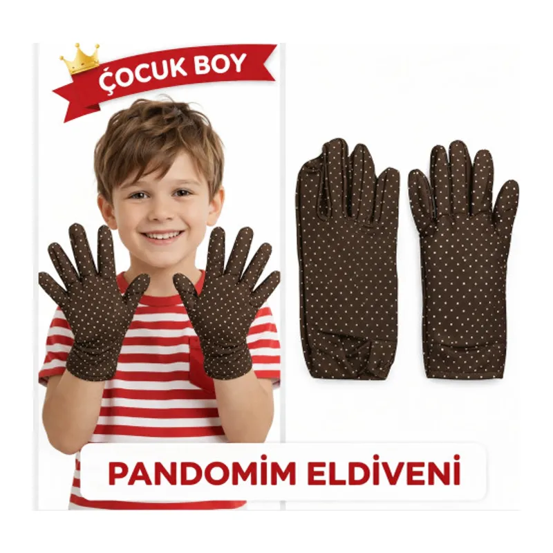 Çocuk Boy Pandomim Eldiveni Beyaz Puantiyeli Kahve Renk Gösteri Eldiveni 23 Nisan 19 Mayıs