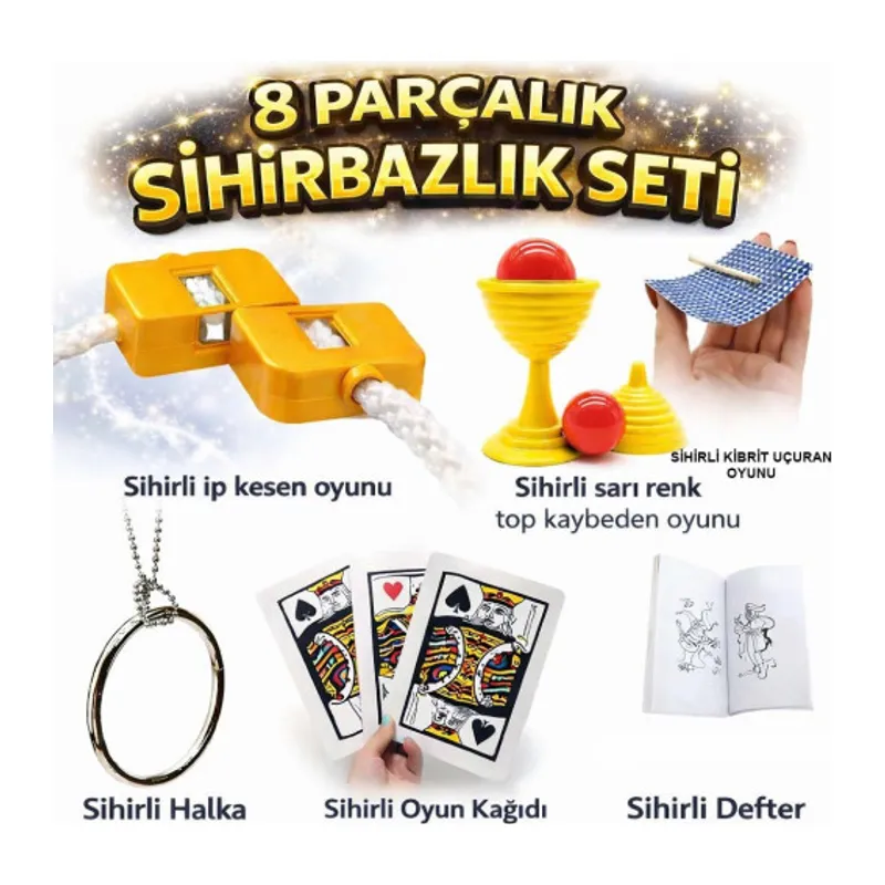 8’li Sihirbazlık Seti (Kibrit, Defter, Halka, Kupa, İp, 3’lü Kart)