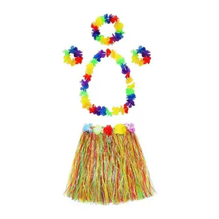 Yetişkin ve Çocuk Uyumlu Luau Aloha Hawaii Kolye Renkli Etek Taç ve Bileklik Seti