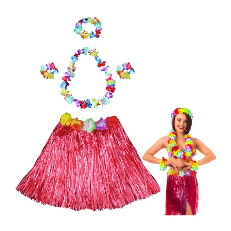 Hawaii Dans Kostümü – Kırmızı Hula Etek & Çiçek Kolye Seti