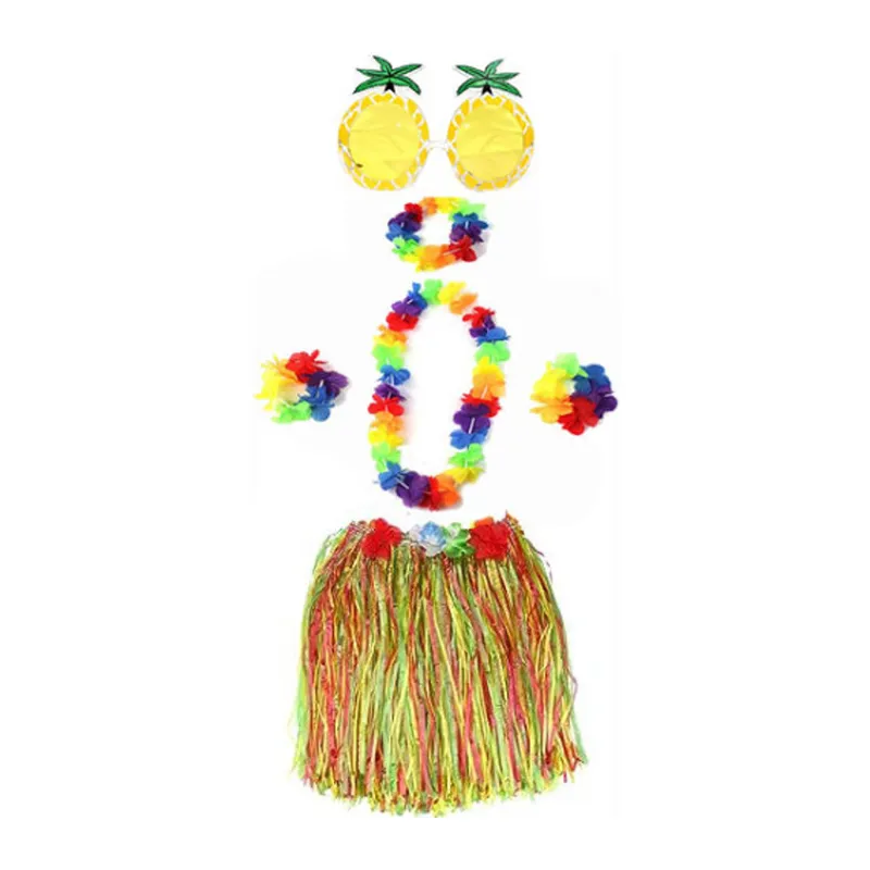 Yetişkin ve Çocuk Uyumlu Luau Aloha Hawaii Rengarenk 40 cm Etek Ananas Şekilli Gözlük Hawaii Kolye Renkli Taç ve 2 Adet Bileklik Seti