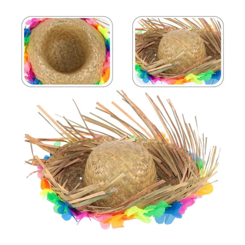 Naturel Renk Püsküllü Örme Hasır Hawaii Luau Aloha Şapka 13x36 cm