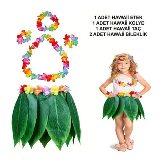 Çocuk Hawaii Kostüm Seti - Yaprak Etek & Hawaii Set - 5 Parça
