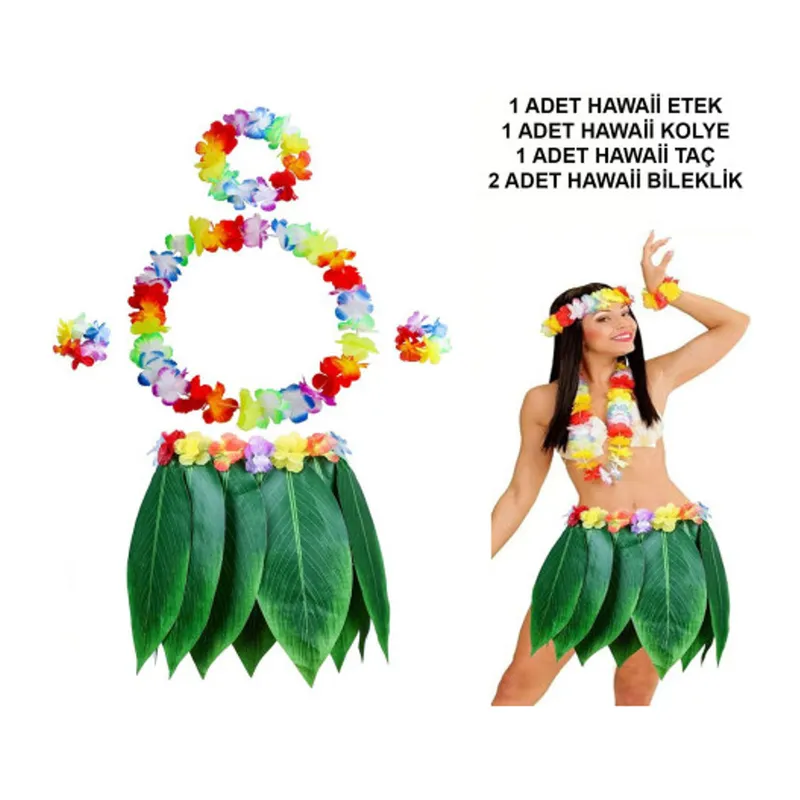 Yetişkin Hawaii Kostüm Seti - Yaprak Etek & Hawaii Set - 5 Parça