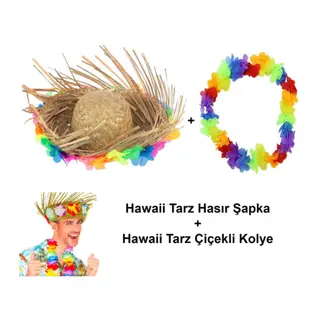 Hawaii Tarzı Tropikal Çiçekli Hasır Şapka ve Çiçekli Hawaii Kolye