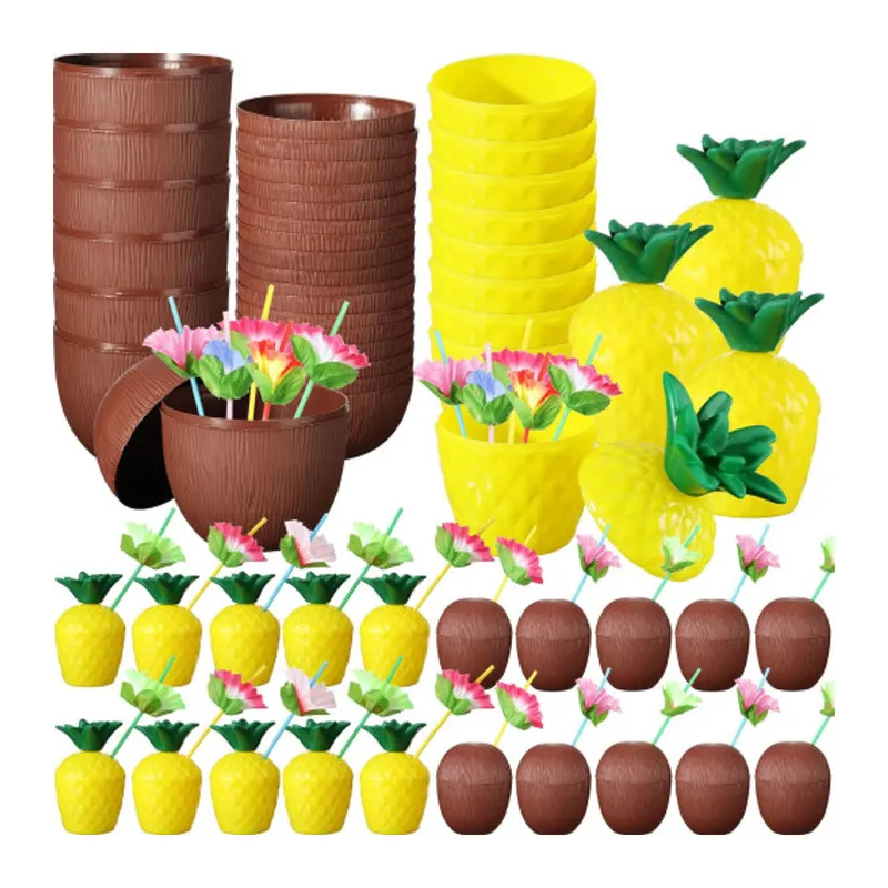 Tropikal Parti Bardak Seti – Ananas ve Hindistan Cevizi Şekilli Pipetli Bardaklar (20 Adet)