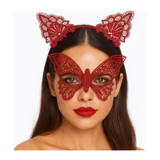 Gösterişli Kırmızı Dantel Maske ve Taç Seti 7 No – Masquerade ve Davetler için