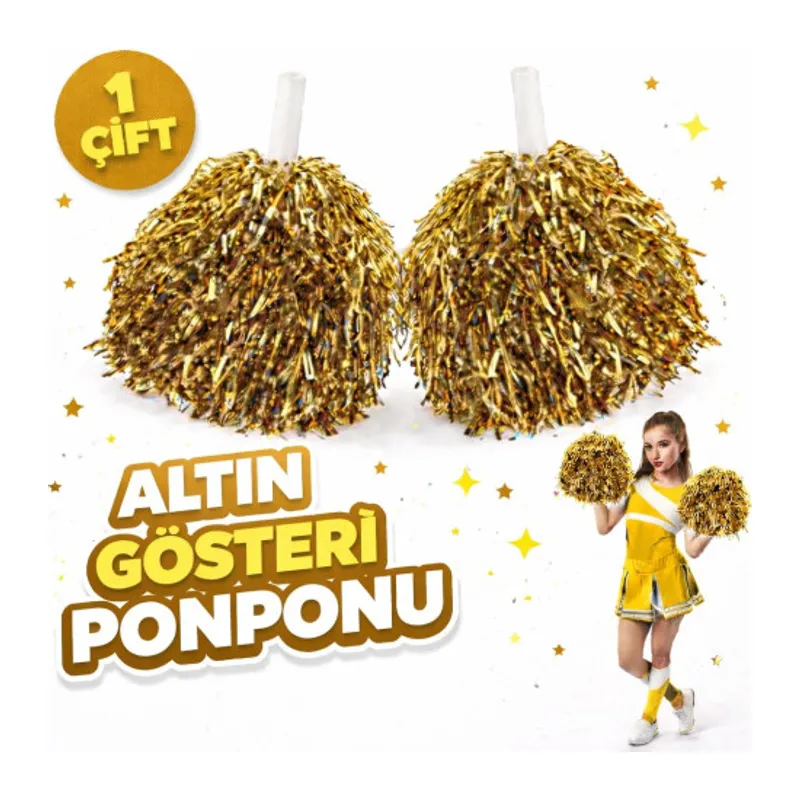 1 Çift (2 Adet) Altın Renk 23 Nisan 19 Mayıs 29 Ekim Okul Gösteri Ponponları Ekstra Dolgun