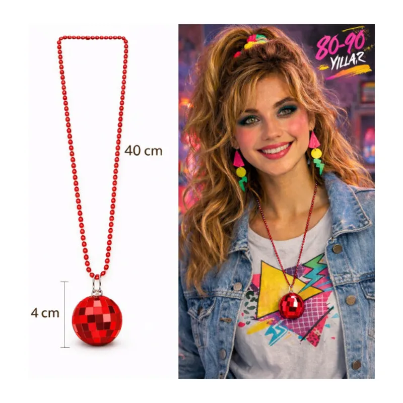 Retro Disko Topu Şekilli 80'ler 90'lar Kırmızı Renk Plastik Kolye