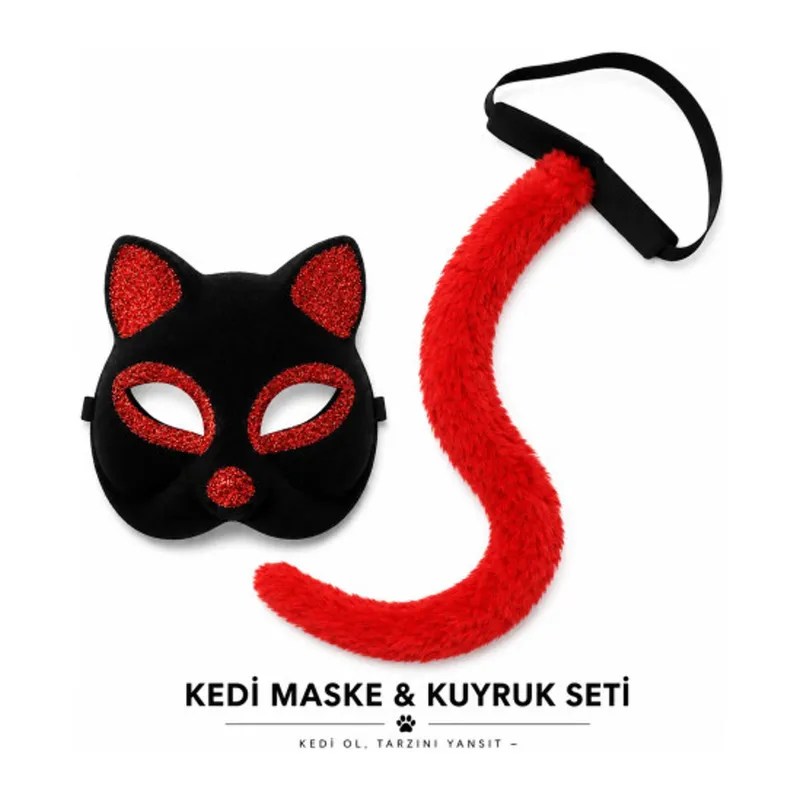 Kırmızı Kedi Maske ve Kuyruk Seti Parti Kostüm Aksesuarı