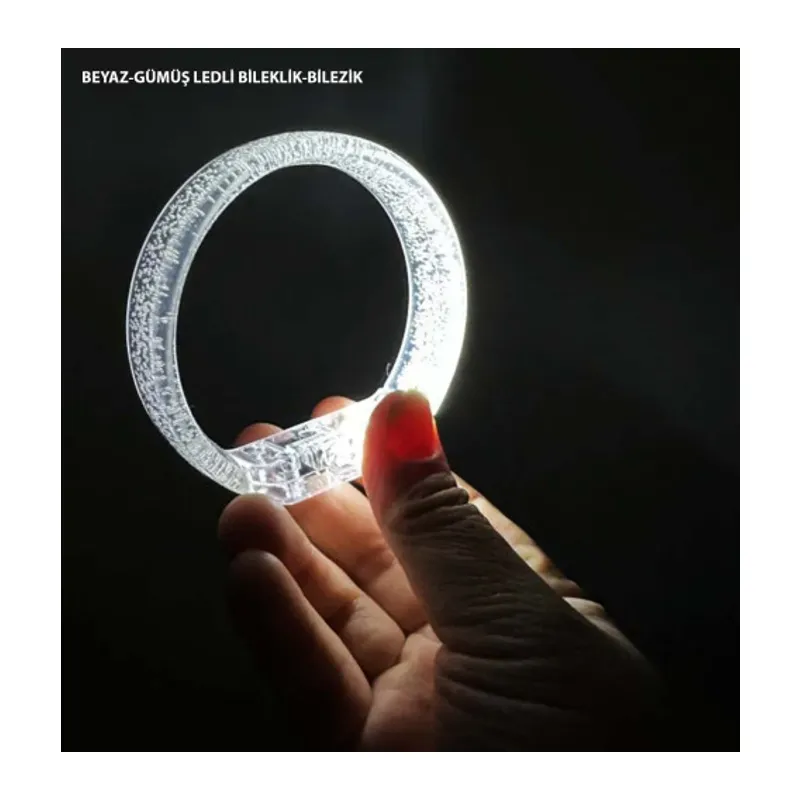 Beyaz-Gümüş Led Işıklı Baskı Yapılabilen Pilli Bileklik Bilezik 1,5 cm Genişlik