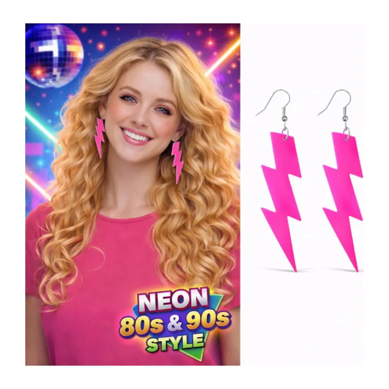80’ler 90'lar Retro Neon Pembe Şimşek Küpe 10 cm