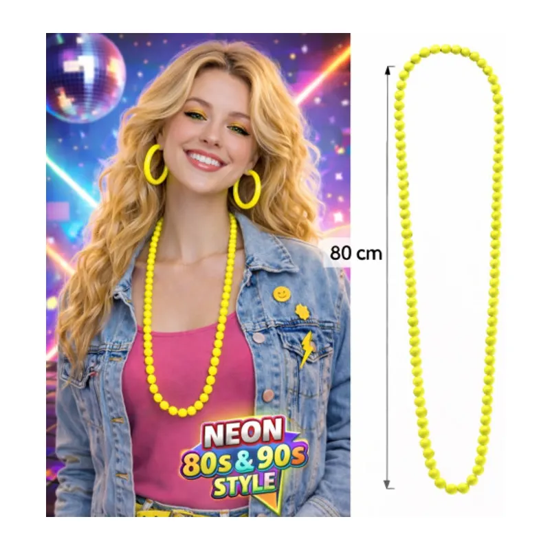 Neon Sarı Boncuk Kolye 80 cm – Retro 80’ler 90’lar Parti Aksesuarı
