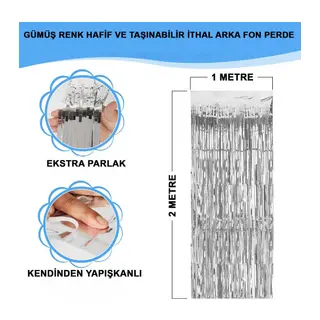 Gümüş Renk Ekstra Metalize Parlak Saçaklı Arka Fon Perde İthal A Kalite 1x2 Metre